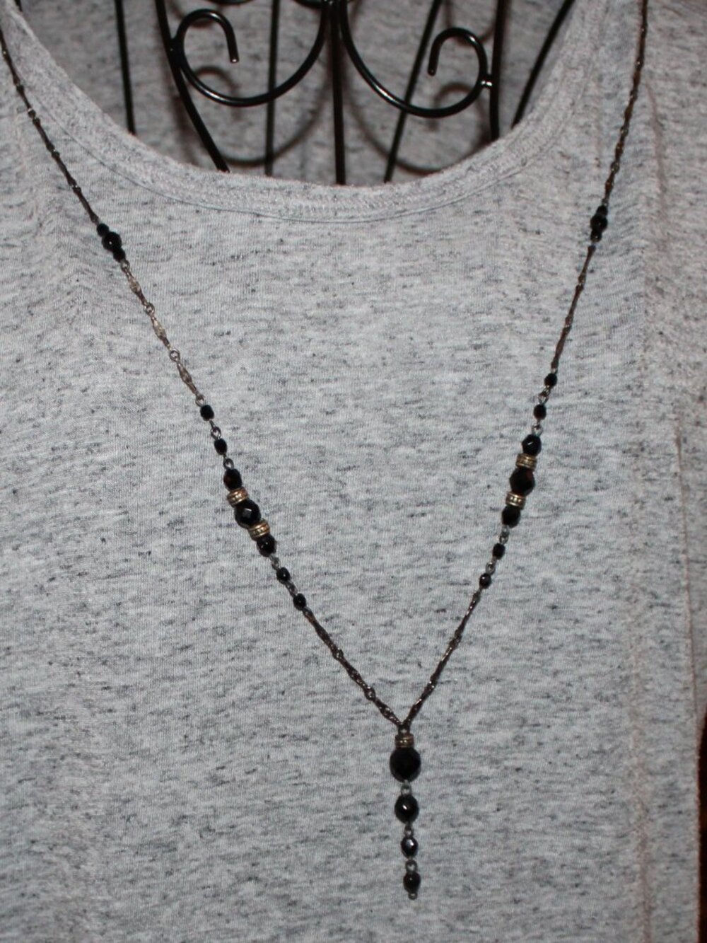 Elegant Gunmetal & Black Crystal Opera Length Lariat Necklace - 40" Beaded Chain